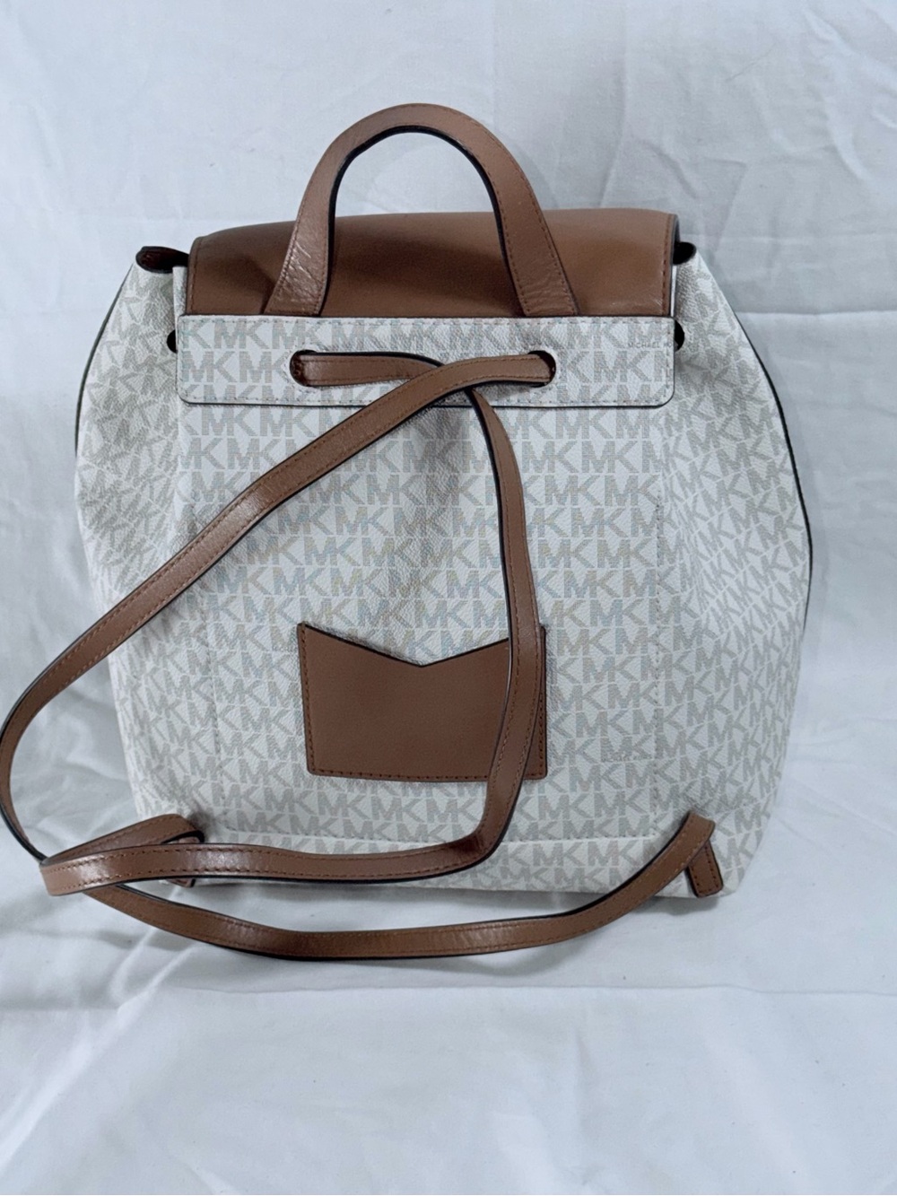 Michael Kors Junie Medium Monogram Backpack Cream Vanilla Brown Leather Flap Bag - Picture 3 of 12